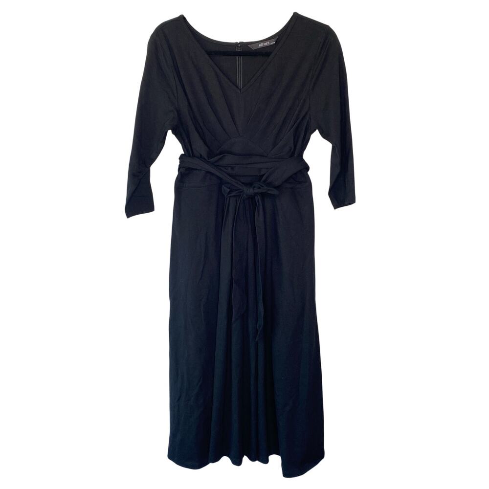 eShakti Black Tie Waist Empire Cotton Knit Midi Dress Size Small Modest Minimal